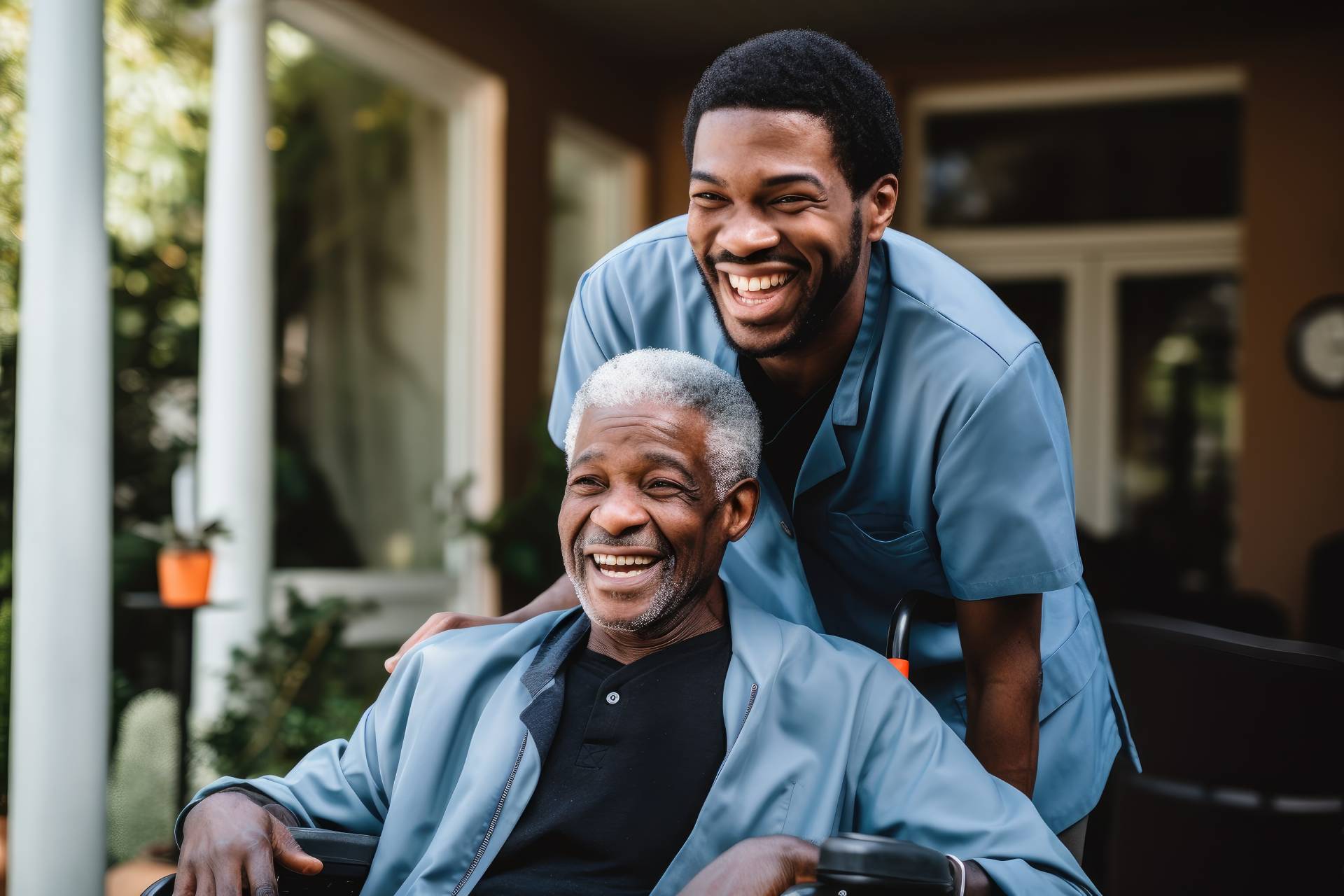 A senior sitting in a wheelchair laughing at something with his male caregiver.