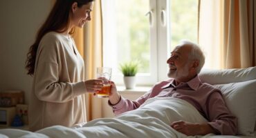 Young woman caring for an elderly man in bed, handing him a glass of tea in a sunlit bedroom.