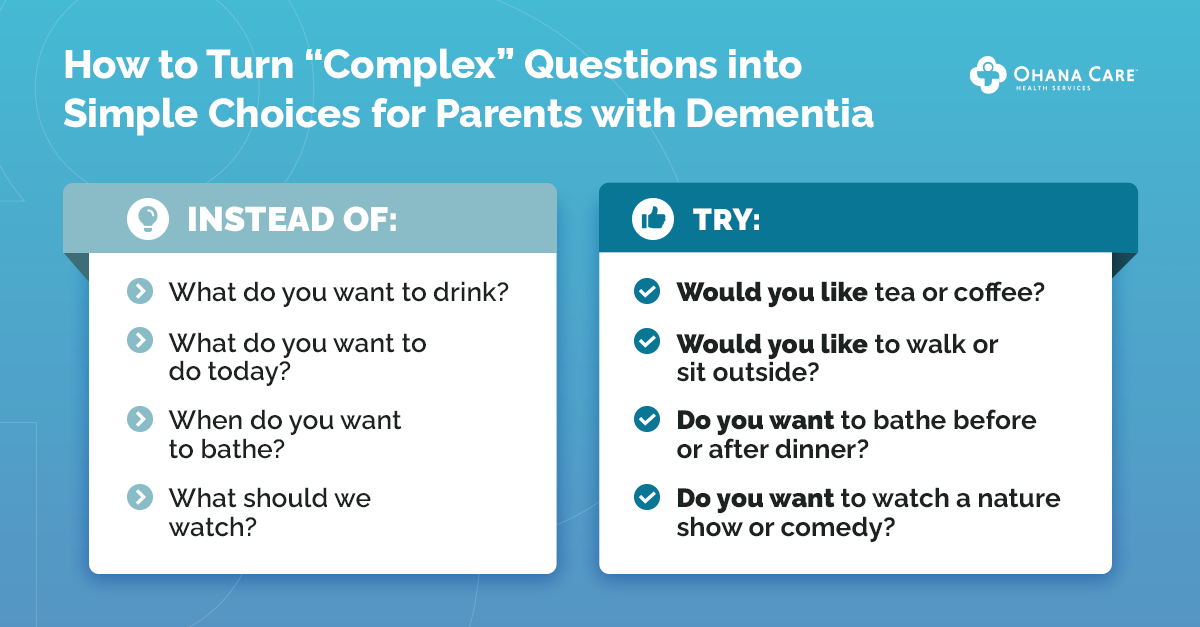 An infographic titled "How to Turn 'Complex' Questions into Simple Choices for Parents with Dementia"Left Column (Instead Of): What do you want to drink? What do you want to do today? When do you want to bathe? What should we watch? Right Column (Try): Would you like tea or coffee? Would you like to walk or sit outside? Do you want to bathe before or after dinner? Do you want to watch a nature show or comedy?