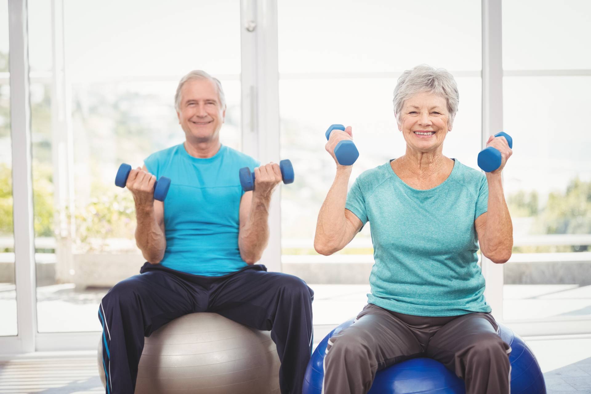 Senior couple lifting hand dumbbells while sitting on exercise balls.